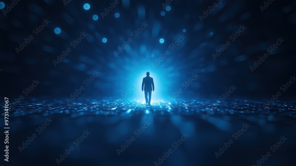 Poster silhouette of a person standing in a glowing blue abstract digital space, creating a futuristic and 