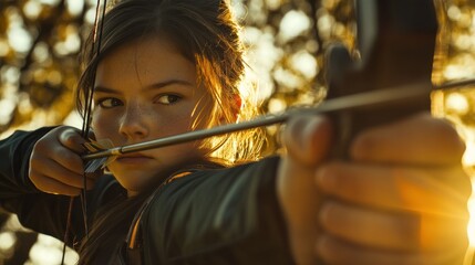 A focused young archer aiming with a bow against a sunset backdrop.