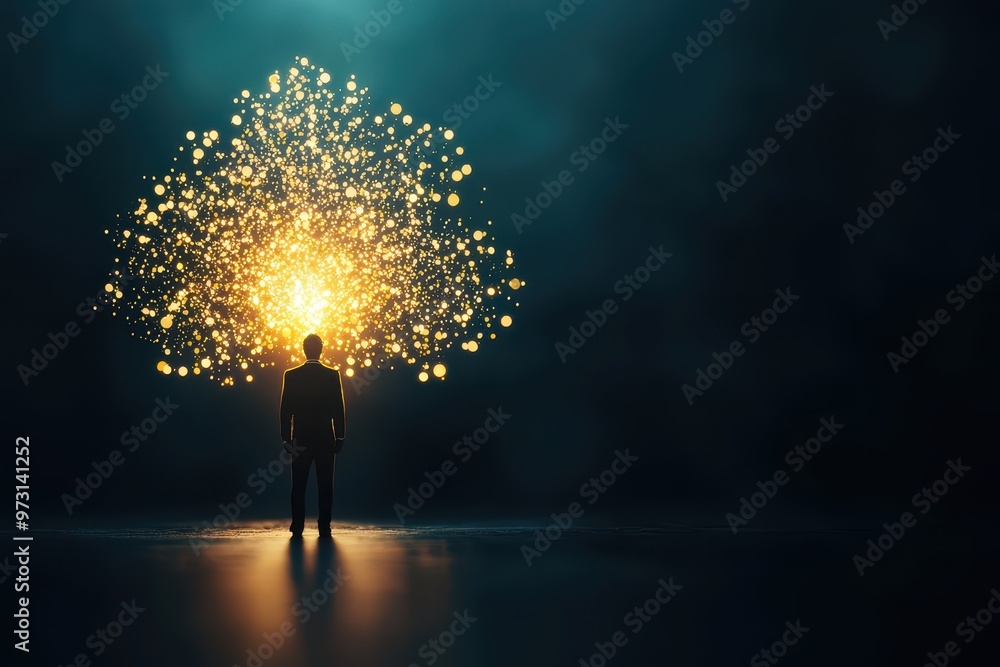 Aufkleber Silhouette of person standing in front of bright glowing network of nodes and connections, representing concepts of innovation and connectivity.