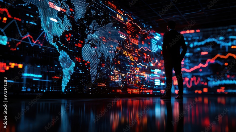 Leinwandbilder Silhouetted figure observing a large digital world map with data visualization of global financial statistics and charts.