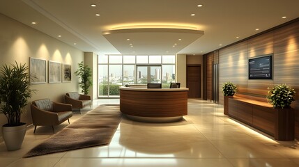 Contemporary office lobby with interactive digital displays, stylish seating, and elegant lighting fixtures.