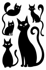 A playful collection of black cat silhouettes, perfect for adding a touch of whimsy and charm to your designs. This vector illustration features a variety of poses and expressions.