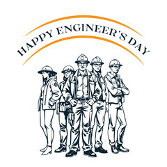 Silhouette of people with arms raised. Group of Engineers and Workers vector illustration. Happy Engineer's Day, International Workers' Day logo