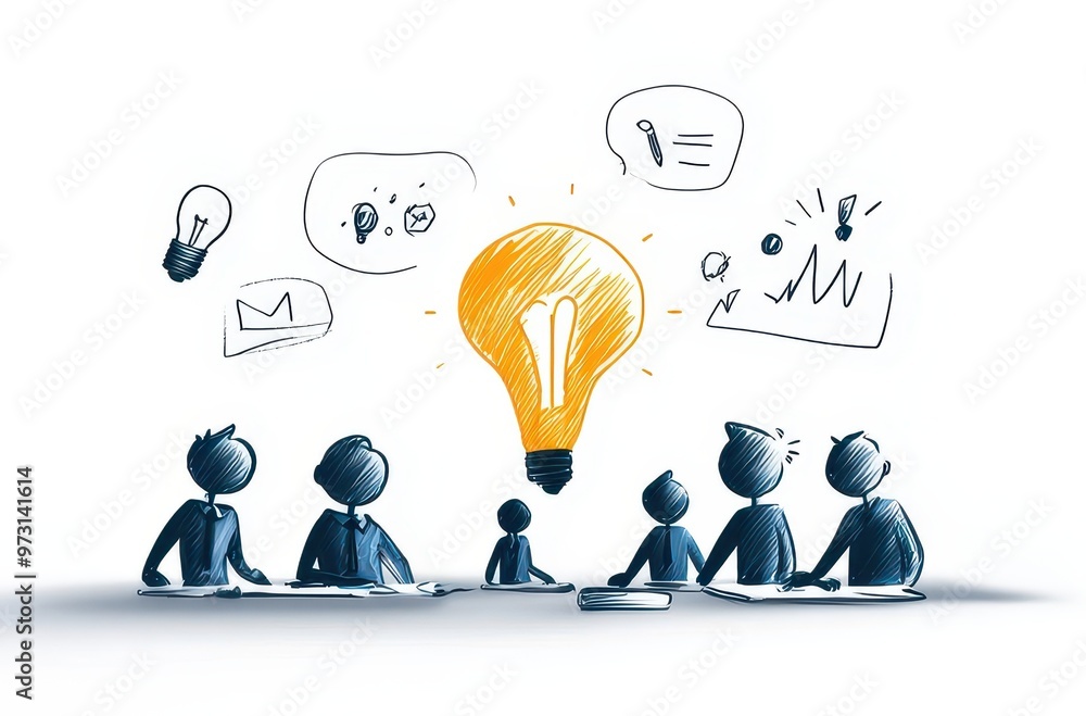 Poster team brainstorming session with lightbulb idea illustration, showing collaboration and creativity in