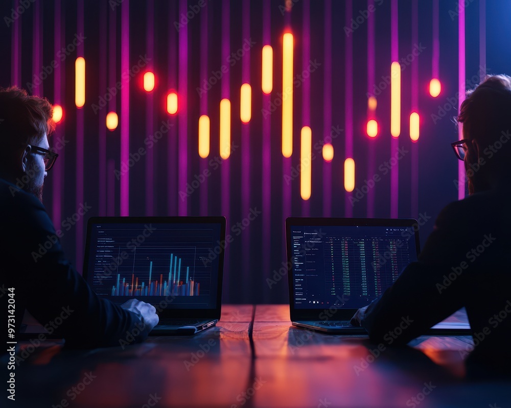 Fototapete two professionals analyzing data on laptops with illuminated graphs in a dark room, focusing on mark