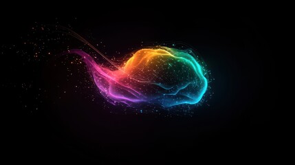 Vivid neon brain illustration with glowing colors on black background, symbolizing creativity, innovation, and neural activity.