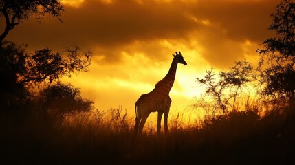 Naklejka premium Elegant Giraffe Silhouette Against a Vibrant Sunset