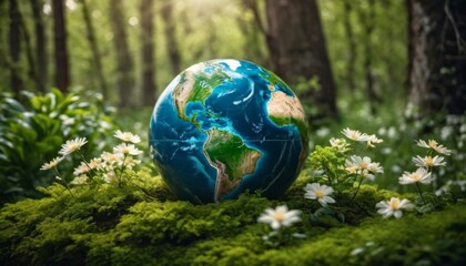 planet earth lies on moss in the forest. eco theme. ai generated