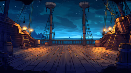 Fototapeta premium Empty pirate ship deck background for theater stage scene. Pirate Ship. Illustration