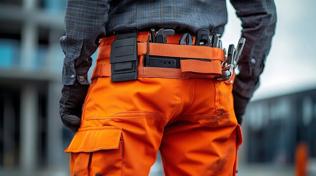 A back view of a worker wearing a fully equipped tool belt over bright orange work pants, capturing the essence of workwear and readiness for labor tasks.