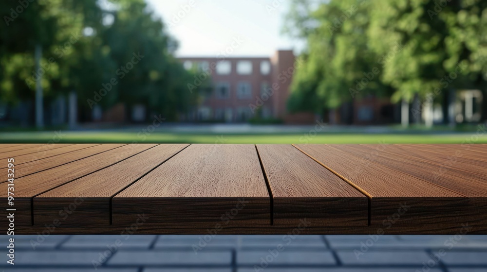 Poster a close-up view of a wooden table with a blurred background of greenery and buildings.
