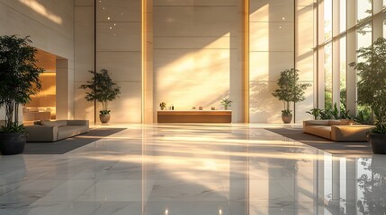 Fototapeta premium Modern office lobby with sunlight reflecting off the floor, showcasing a clean, uncluttered design with elegant furnishings.