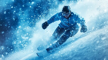 A dynamic image of an ice hockey player in action, captured with a motion effect that emphasizes speed and intensity on an icy, winter-themed background.