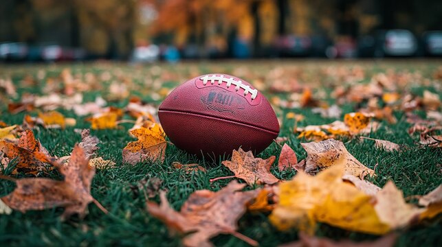A football resting on a lush, green grassy field scattered with autumn leaves, capturing the serene yet competitive atmosphere of the early fall sports season.