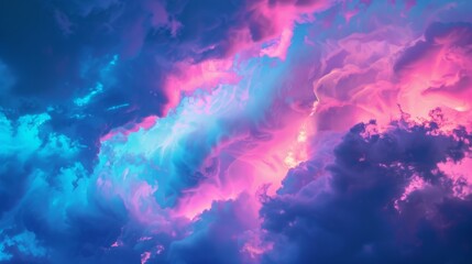 Neon blue and pink lights reflect off swirling cloud patterns, creating a dreamy and colorful display in the night sky. Close-up photo with clean background