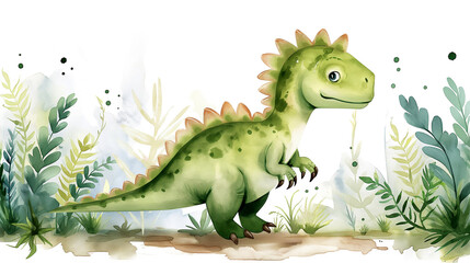 Cute Baby Dinosaur watercolor illustration style. Baby animals for nursery, baby shower, banners and birthday poster decoration. Copy space for text