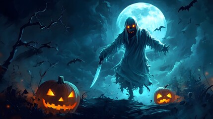 Happy Halloween. Halloween in full moon background, at night.