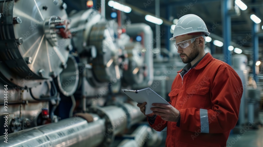 Poster A man in a red jacket is looking at a clipboard while standing in a factory