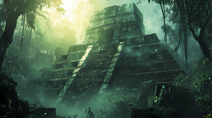 Fototapeta premium Ancient mayan temple emerging from a misty rainforest with intricate stone carvings coming to life and glowing with mysterious energy as explorers approach. Mayan Temple. Illustration