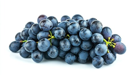 A bunch of dark blue grapes arranged on a white background.