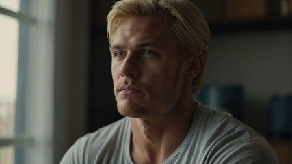 Obraz premium Handsome muscular young blond man sits thoughtfully indoors by the window during a calm afternoon moment. Generative AI