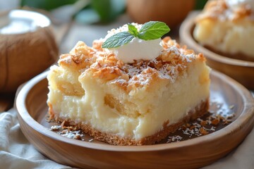 coconut bread pudding, savor the taste of coconut-infused bread pudding, a fresh take on a traditional treat, ideal for any event