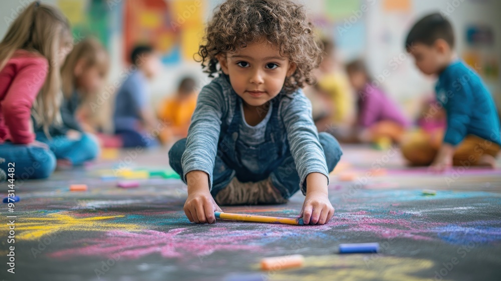 Poster a child creating colorful chalk art on the floor in an engaging classroom environment.