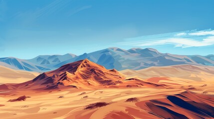 Naklejka premium A picturesque view of a desert landscape with mountains in the distance under a blue sky.
