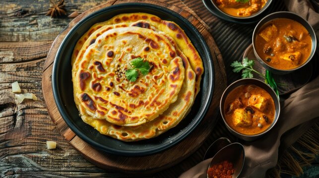 Homemade Kerala wheat paratha or layered parotta served with Paneer curry,