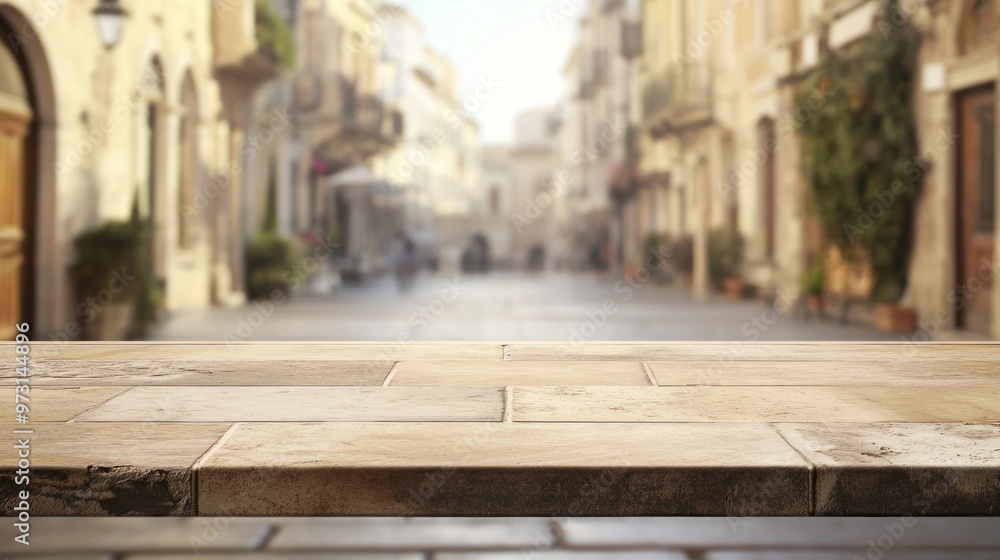 Sticker A blurred street view with a stone surface in the foreground, suggesting a café or restaurant setting.