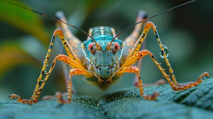 Fototapeta premium A close-up view of a colorful katydid with red eyes and orange legs perched on a green leaf.