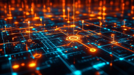 Abstract Digital Circuit Board with Glowing Lines and Data Points