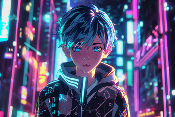 Obraz premium A boy with blue eyes stands in front of a neon sign