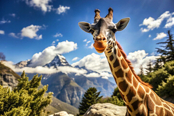 Obraz premium A Curious Giraffe Gazing Over Mountains and Clouds