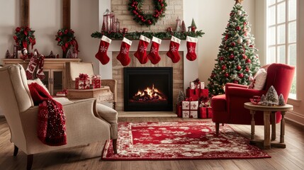 A cozy living room decorated for Christmas, with brick walls and red accents. The fireplace is lit with firewood, surrounded by presents under the theme of Santa Claus