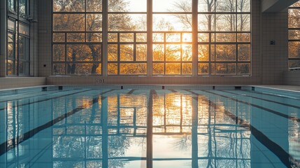 A serene indoor swimming pool reflecting sunlight through large windows.