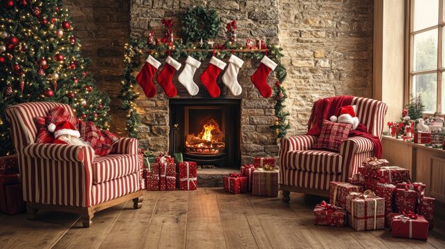 A cozy living room decorated for Christmas, with brick walls and red accents. The fireplace is lit with firewood, surrounded by presents under the theme of Santa Claus