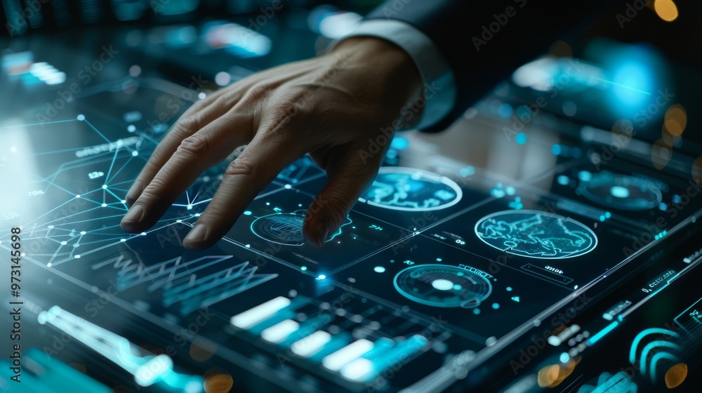 Poster a man is touching a computer screen with a hand