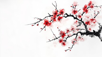 Beautiful cherry blossom branch painting with red flowers on white background, showcasing traditional Asian art and natural elegance.