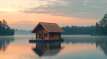 Fototapeta premium A serene wooden house on a floating platform in a calm lake at sunrise.