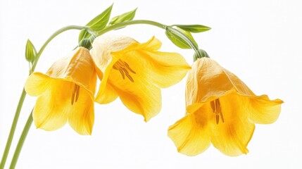 Three vibrant yellow flowers with delicate petals and green leaves against a light background.