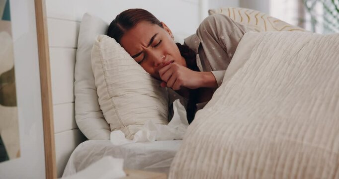 Sick woman, cough and bed with virus or tissue for mucus, viral infection or cold and flu at home. Young, female person or patient with sinus, fever or allergy in bedroom for influenza or illness