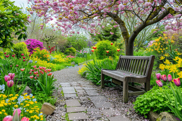 A beautiful garden with a bench and a path