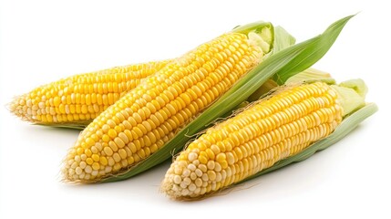Three ears of fresh corn with husks, showcasing vibrant yellow kernels.