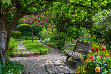 A garden path leads to a bench under a tree