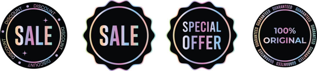 Set of sale tag neon holographic round sticker templates, label with holographic effect. vector eps10