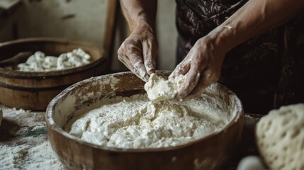 Fototapeta premium Hands Preparing Dough in Rustic Kitchen