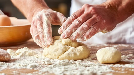 Fototapeta premium Hands Kneading Dough on a Wooden Surface