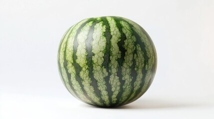 A whole watermelon with a striped green rind on a plain background.