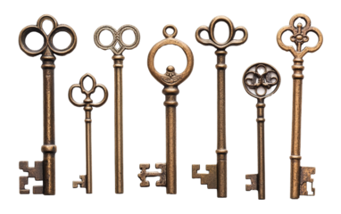 Antique keys isolated on white or transparent background